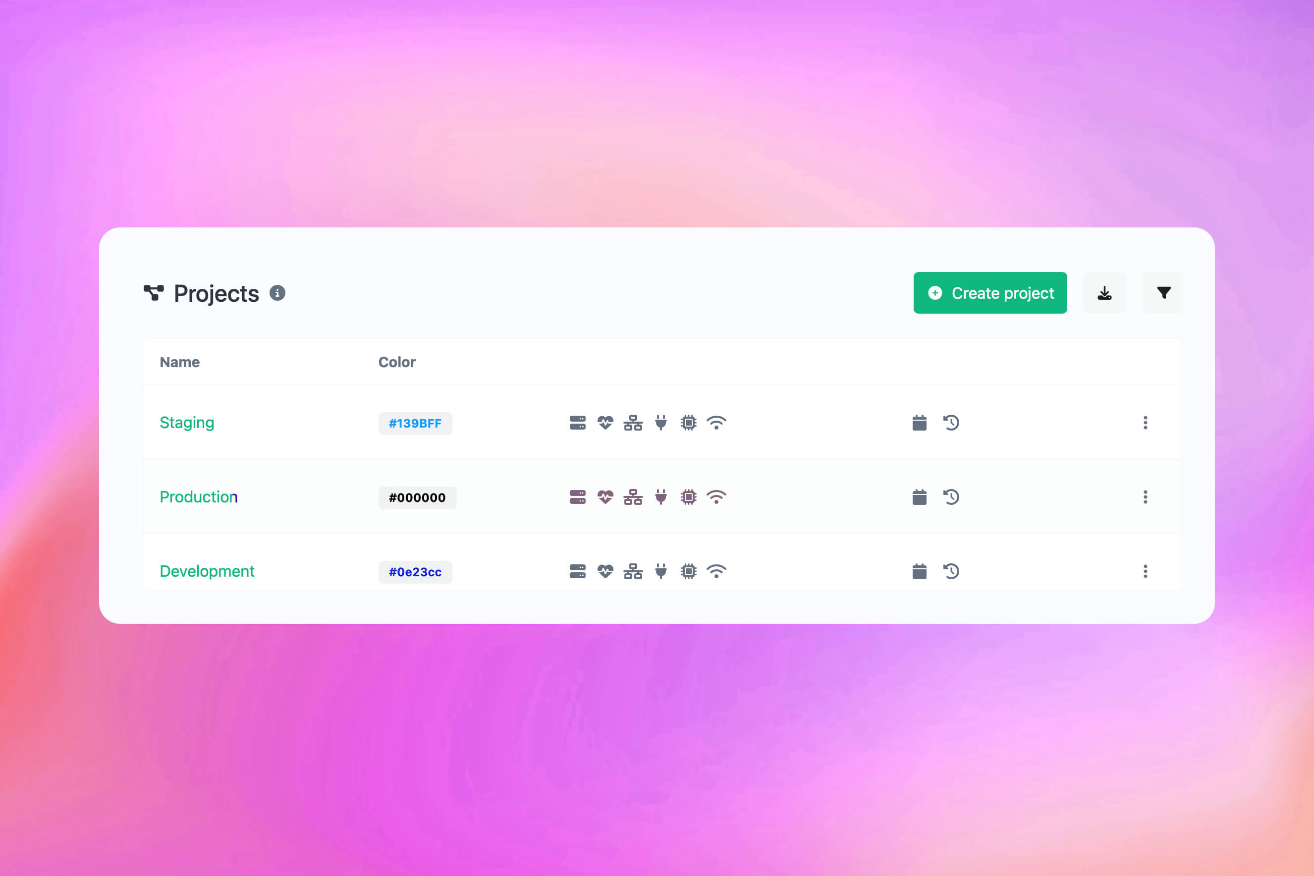 Screenshot der Projekte-Ansicht