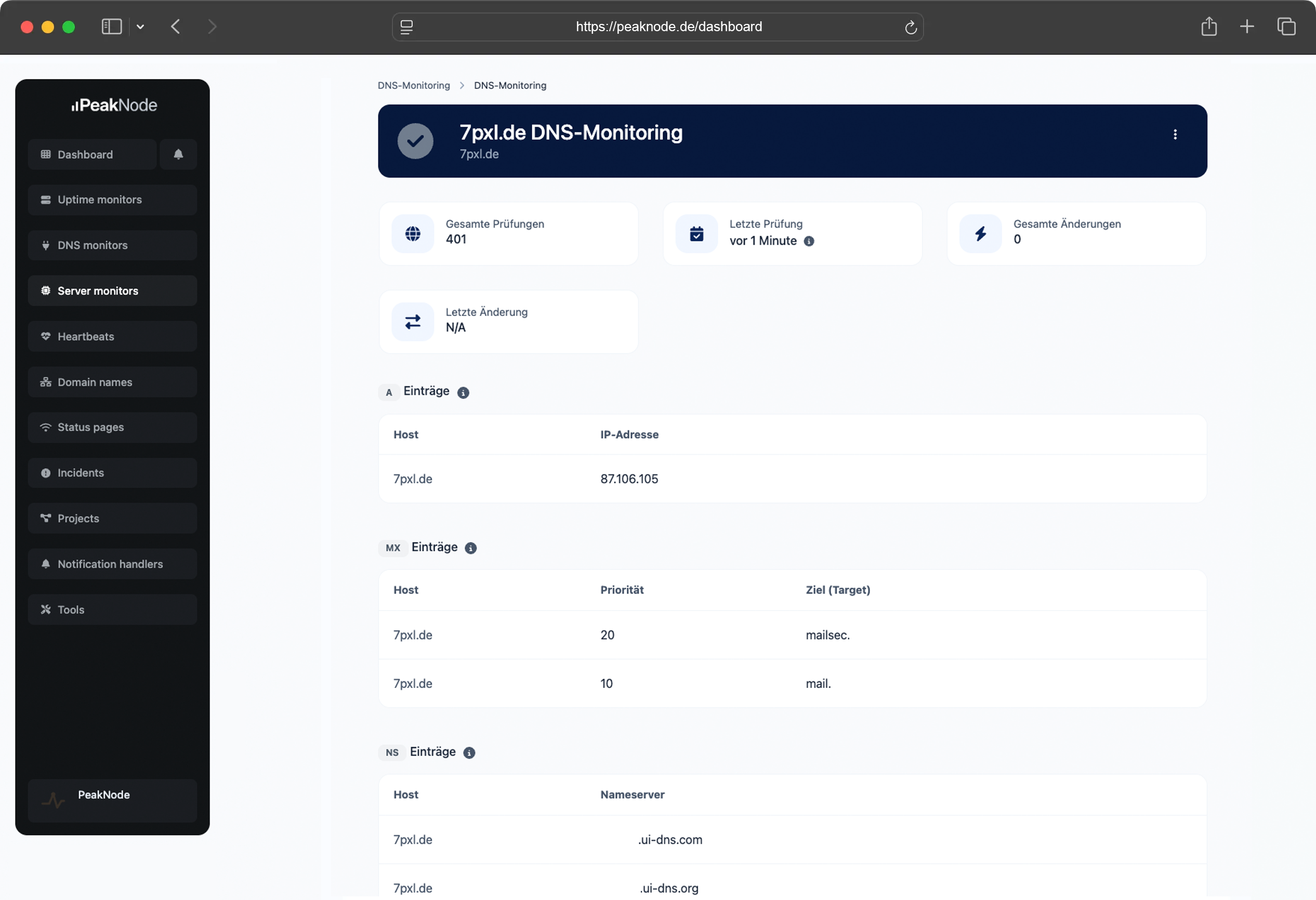 Screenshot der DNS-Monitoring-Ansicht
