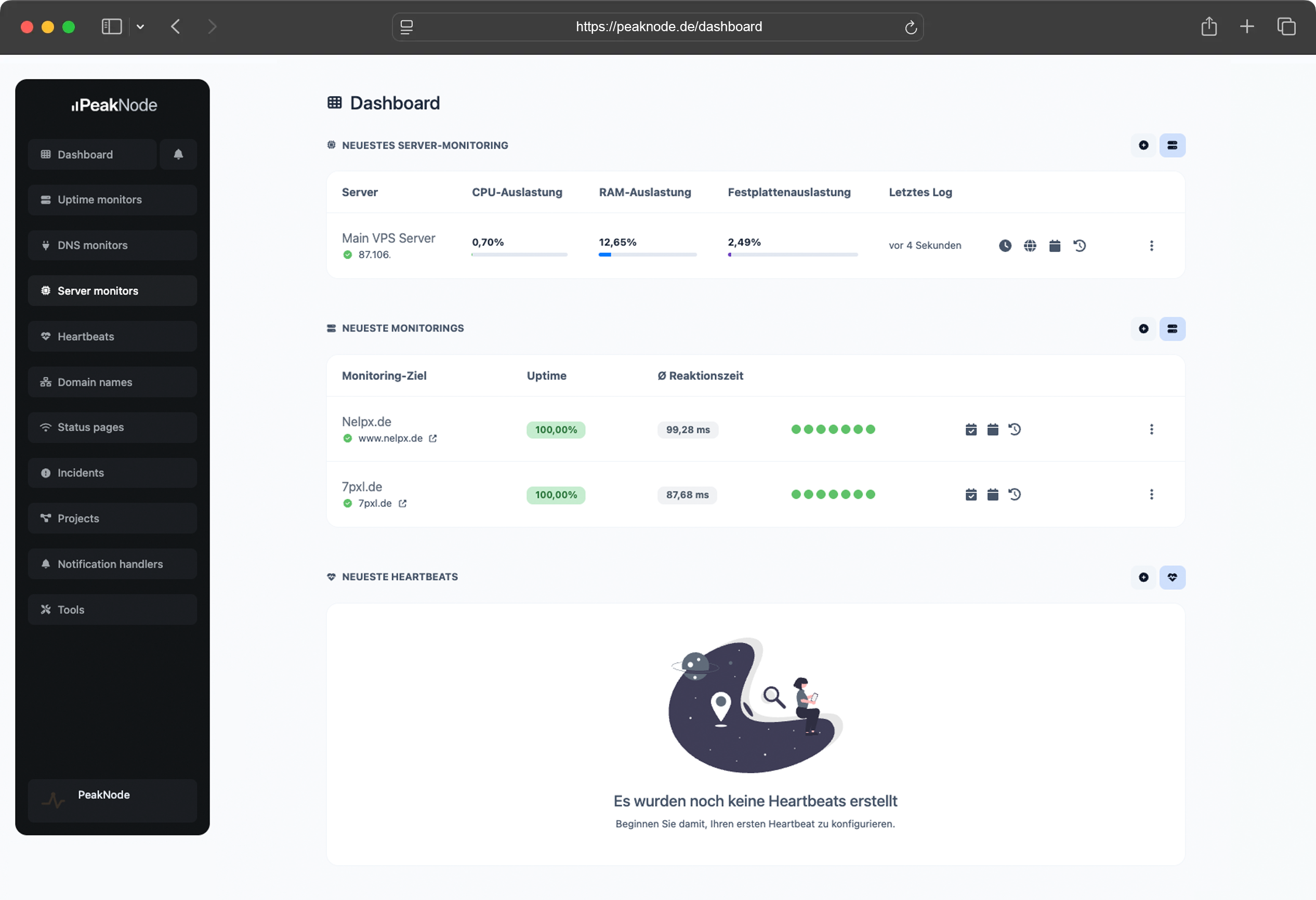 Screenshot der Uptime-Monitoring-Ansicht